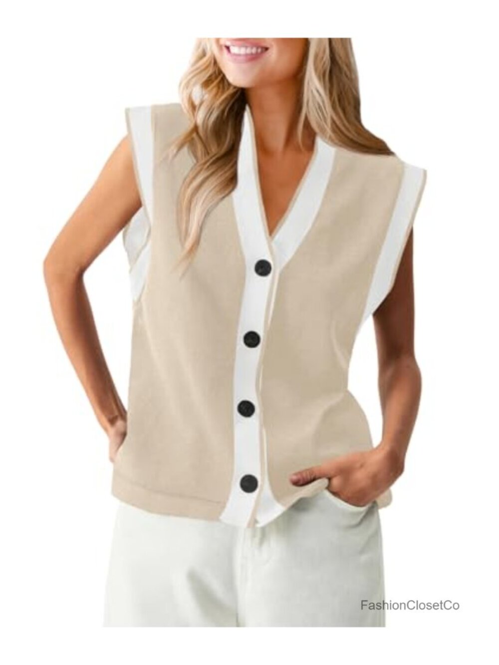 Womens V Neck Sweater Vest Button Down Cap Sleeve Loose Knit Tank Top